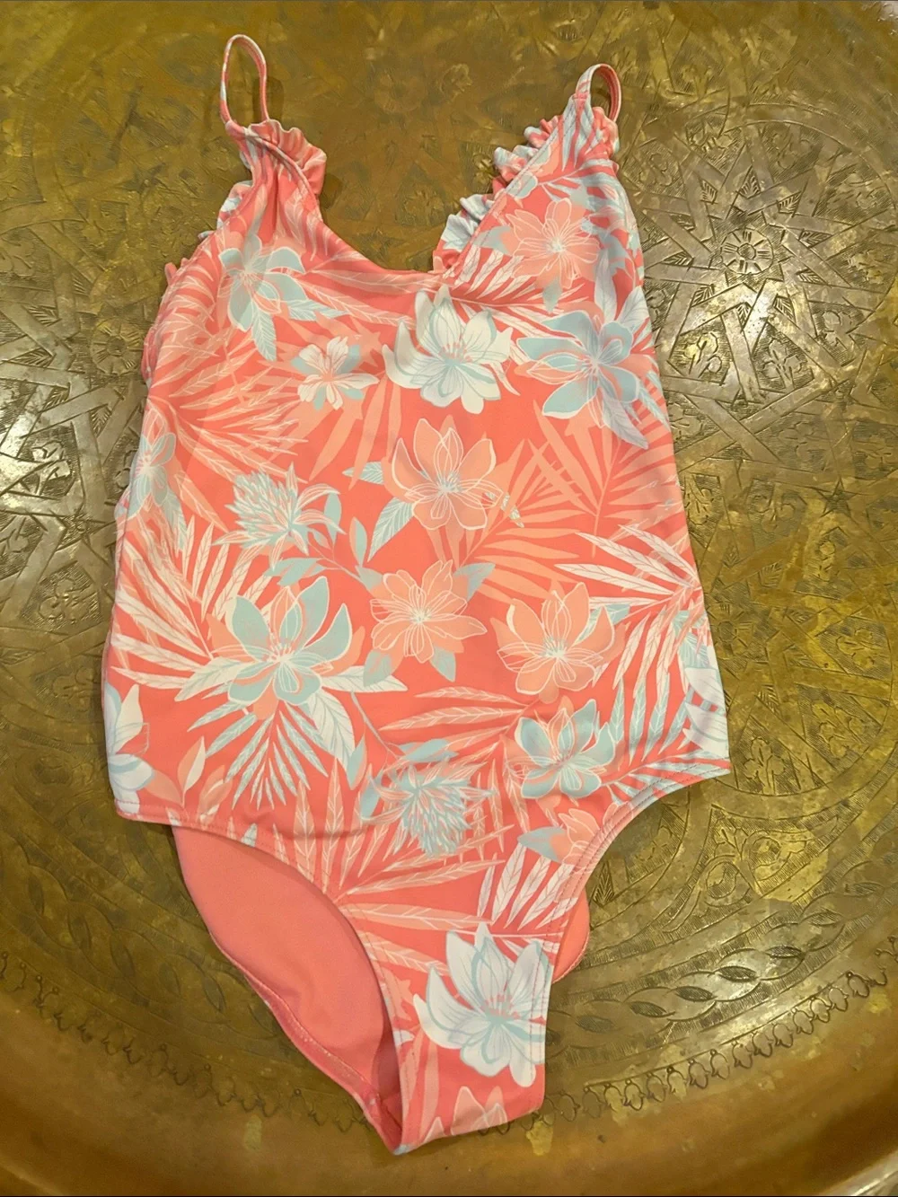 Roxy Girls' Coral Floral One-Piece Swimsuit with Light Blue Accents